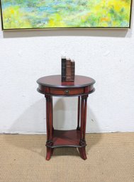 Round Accent Side Table W/ Drawer & Lower Shelf  Red Mahogany Finish-29.5' High X 20.5' Wide X 16' Deep