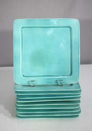 Set Of 10 Handcrafted Studio Pottery Plates  Signed, 8' X 8' Aqua Blue Square Stoneware