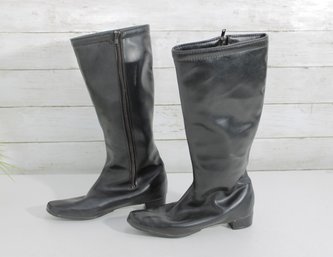 #30-Womens Black Leather Knee-High Boots  Size 6N  Slim Fit Block Heel Boots