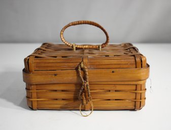 Vintage Woven Bamboo Basket With Handle And Hinged Lid