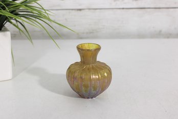 Vintage French Iridescent Art Glass Mini Vase  Ribbed Form  3' Tall Decorative Piece