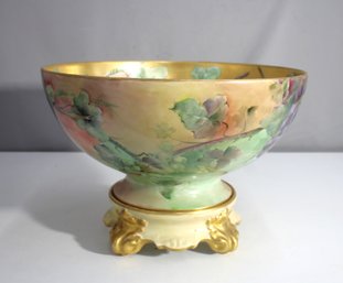 Hand-Painted Limoges Porcelain Bowl With Grape Motif And Ornate Gold Pedestal Base