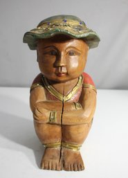 Hand-Carved Wooden Child Figurine With Ornate Hat, 12' Tall