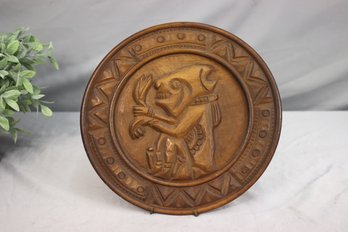 Vintage Primitive Mesoamerican  Carved Wood Seated Trickster Round Wall Plaque