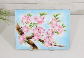 Vintage Tutanka Enamel On Copper Tray  Pink Dogwood Blossoms, 7' X 9.5'