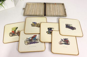 Vintage Coaster Set Early Motor Cars W/ Original Case  Made In England  6' X 6'