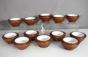 Set Of 12 Vintage Rattan-Style Ramekins  3'H X 6' Round Ceramic Inserts & Woven Look Holders
