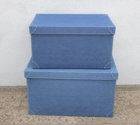 Set Of 2 Large Blue Fabric Covered Storage Boxes W/ Lids  12.5 X 23.5 & 16 X 27  Stackable