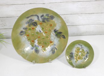 Pair Of Sascha Brastoff Enamel On Copper Grape Plates (2)  MCM Platter & Dish Set, 12' & 6'