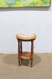 Round Accent Side Table W/ Marble-Style Stone Top  Carved Wood Base