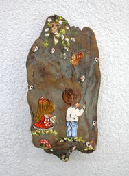 Hand-Painted Folk Art Wall Plaque On Natural Wood, 10.5' X 5'