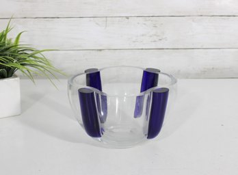 Sasaki Crystal Art Glass Bowl Vase  Cobalt Blue Swirl Panels  7.5' Wide Modern Design