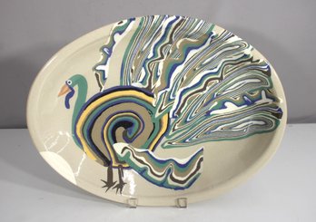 Large Signed Studio Pottery Platter  Hand-Painted Abstract Peacock, 18.5' X 14' Ceramic Art Plate