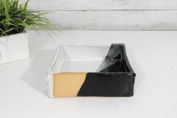 Vintage Abstract Studio Pottery Square Bowl  Black White & Tan Geometric Design  7'