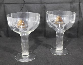 Pair Of Large Pinaud Clear Glass Champagne Coupe Display Goblets With Gold Logo – 12" X 8.5" – Lot Of 2