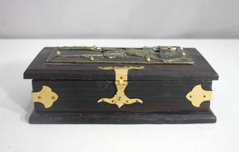 Vintage Medieval-Style Wooden Box With Brass & Metal Knight Relief  10' Wide