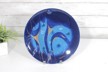 1950s Sascha Brastoff Signed Enamel On Copper Wall Plaque  Blue Abstract Charger, 11.5'