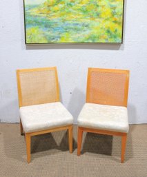 Pair Of Cane Back Dining Chairs  Light Wood Frame W/ Upholstered Seats
