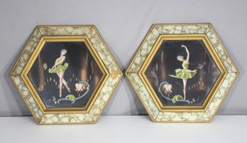Pair Of Signed Ballerina Art Prints  AF, Hexagon Wood & Glass Frames, 11.5 X 13 Vintage Glamour