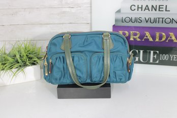 MZ Wallace Teal Nylon Satchel Handbag  Green Leather Handles  Multiple Pockets  Dust Bag Included
