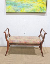 Vintage Wooden Bench W/ Needlepoint Upholstery & Armrests  Floral Seat