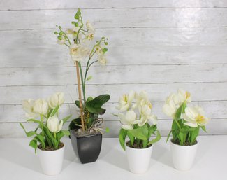 Lot Of Artificial Flower Arrangements  White Tulips & Orchid In Decorative Pots  Home Dcor