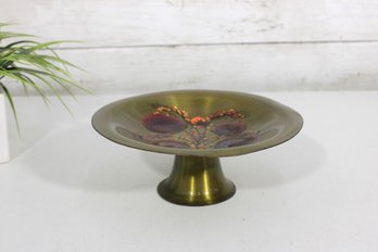 Sascha Brastoff Enamel On Copper Pedestal Bowl  MCM Floral Design, 3' X 8'