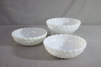 Three Vintage Anchor Hocking White Bubble Pattern Milk Glass Bowls
