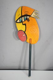 Whimsical Handcrafted Folk Art Face Sculpture  Abstract Painted Wood Mask On Stick, 15.5 Tall