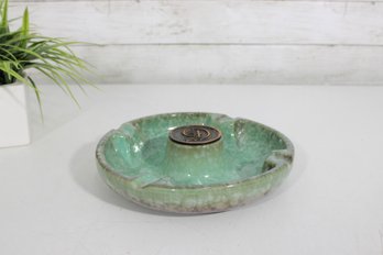Vintage Hyde Park No. 1900 Green Ceramic Ashtray  Weighted  Initial H Medallion  8.5'
