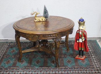 Antique Marquetry Inlaid Round Coffee Table With Ornate Carved Base