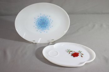 Vintage Mid-Century Blue Mosaic On White Milk Glass Platter And Federal Glass Rosecrest Snack Plate