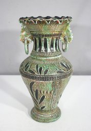 13' Antique-Style Patinated Metal Vase With Ornate Handles