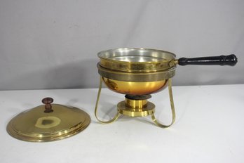 Vintage Mid-Century Brass & Wood Fondue Set With Burner