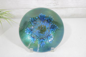 Signed Kareka Enamel On Copper Plate  Blue Floral Abstract, 7.5' (Hairline Crack)