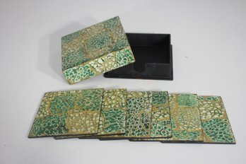 Set Of 6 Mosaic Lacquer Coasters  4' X 4' Handmade Vietnam, Green & Gold Inlay With Box