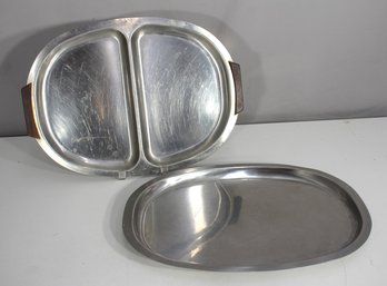 Set Of 2 Modern Aluminum Serving Trays  17' X 13' Divided & Oval Platters W/ Wood Handles
