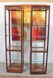 Pair Of Tall Wood & Glass Lighted Curio Display Cabinets  80' H
