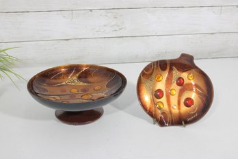 Sascha Brastoff Enamel On Copper Set  Freeform Plate & Pedestal Bowl, MCM Abstract (6' & 8')