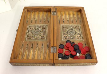 Vintage Inlaid Wood Travel Chess & Backgammon Game Set W/ Pieces  11.5 Folding Box