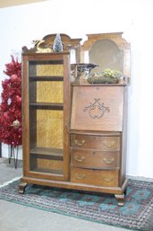 Antique Secretary Bookcase With Glass Display And Drop-Front Desk