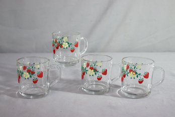 Set Of 4 Vintage 1989 Anchor Hocking Strawberry/Floral Clear Glass Mugs