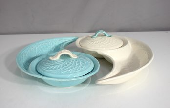Mid-Century Modern Lazy Susan  Turquoise & White Leaf Motif Ceramic Server Set (4-Piece)