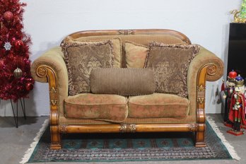Vintage Carved Wooden Loveseat With Upholstered Cushions