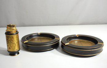 Vintage Italian Table Lighter And Ashtray Set With World Map Design