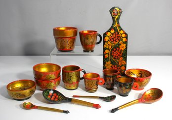 Group Lot Of Hand-Painted Russian Khokhloma Woodware - Cups, Bowls, Spoons & Decorative Cutting Board