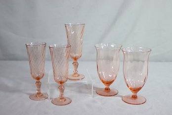 Mixed Vintage Lot Of Diamond Optic Pink Glass Flutes (3) And Goblets (2)