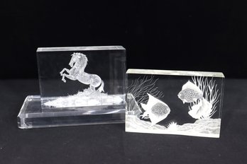 Lot Of 2 Vintage Etched Lucite Acrylic Art Blocks  Horse & Tropical Fish Scene  4 X 6 & 4 X 8.5  Signed