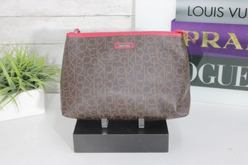 Calvin Klein Brown Monogram Cosmetic Bag  CK Logo Print  Red Trim  Zip Pouch Clutch