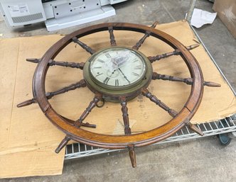 Large Nautical Ships Wheel Wall Clock  Wooden Helm Style Maritime Decor